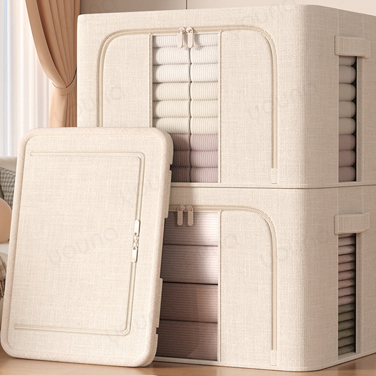 Storage Bin Organizer, Foldable Storage Box - Cotton Linen Fabric Clothing Boxes with Clear Window and Zipper, Closet Storage Organizer for Hat Bedroom Shelves
