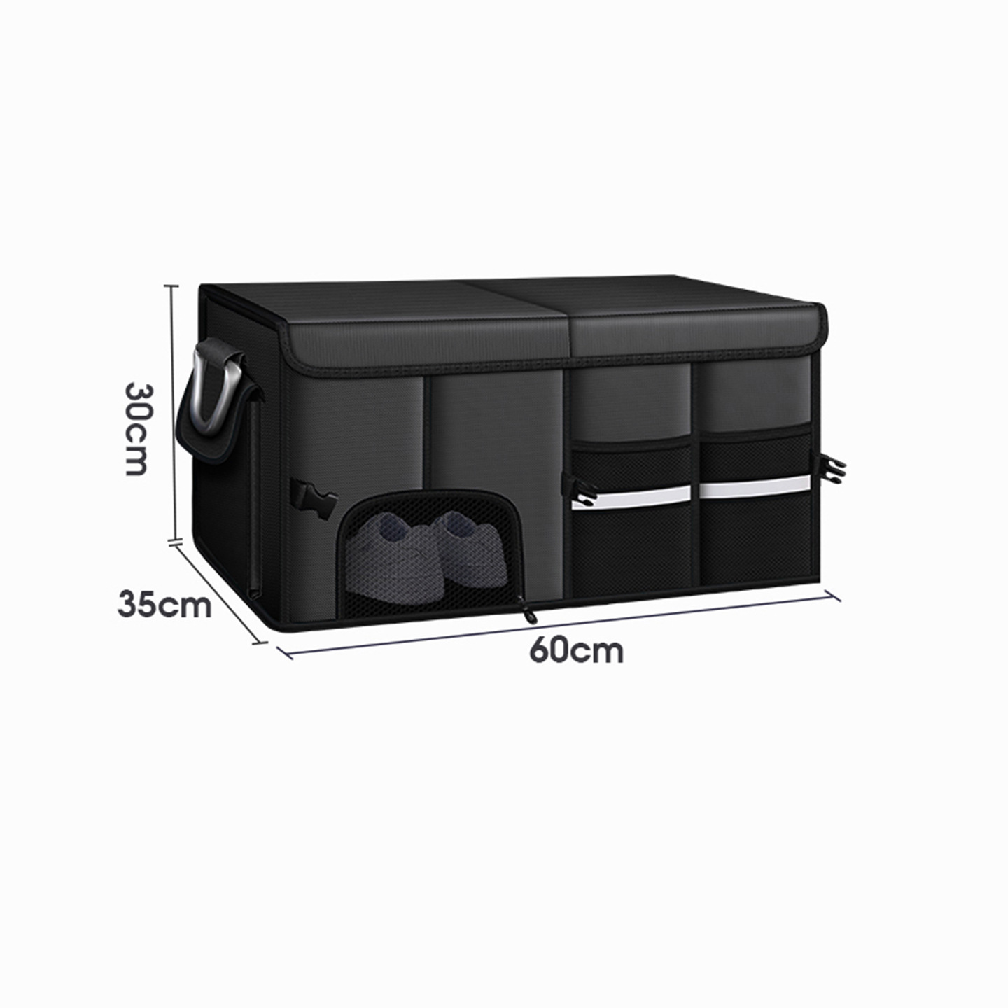 Car Trunk Organizer Basket with Lid - Collapsible Multi Compartment Vehicle Organizer - Multiple Pockets, Multi-purpose Travel Accessory - Anti-slip Leak-proof Fits any Car, SUV, Minivan