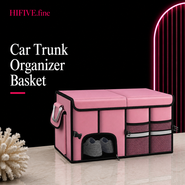 Car Trunk Organizer Basket with Lid - Collapsible Multi Compartment Vehicle Organizer - Multiple Pockets, Multi-purpose Travel Accessory - Anti-slip Leak-proof Fits any Car, SUV, Minivan