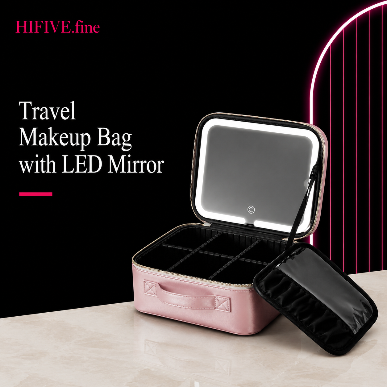 Makeup Case, Train Case with Detachable Lighted Mirror, Travel Makeup Bag Portable Beauty Case for Women, Professional Cosmetic Artist Bag with Adjustable Dividers Makeup Brush Storage